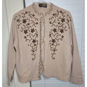 VTG Lamsbwool Cardigan Beaded Floral Beige Lined 50s 60s Classic Old Money M